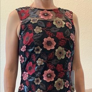 Calvin Klein long black dress with embroidered flowers, size 8 with tags